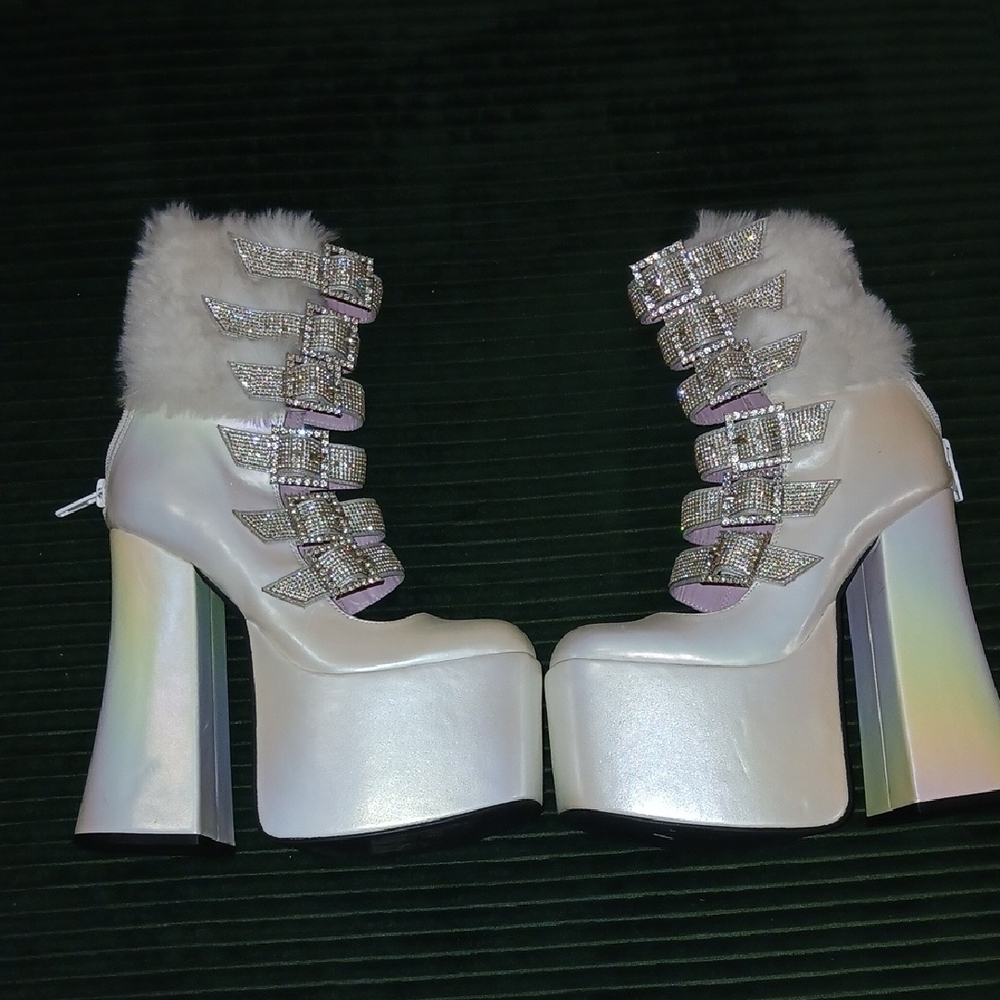 Dolls Kill Iridescent White Platform Heels NWOT